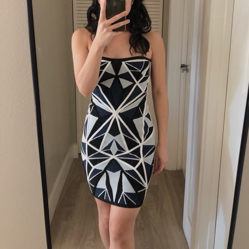 NEW HERVE LEGER Strapless Geometric Bodycon Mini Dress Blue/White XS